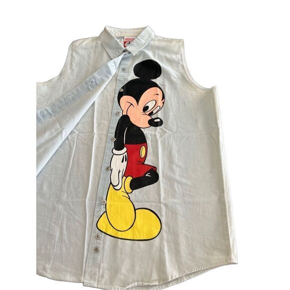 Vintage Mickey Mouse Sleeveless Denim Button Up Shirt size L - Picture 8 of 10